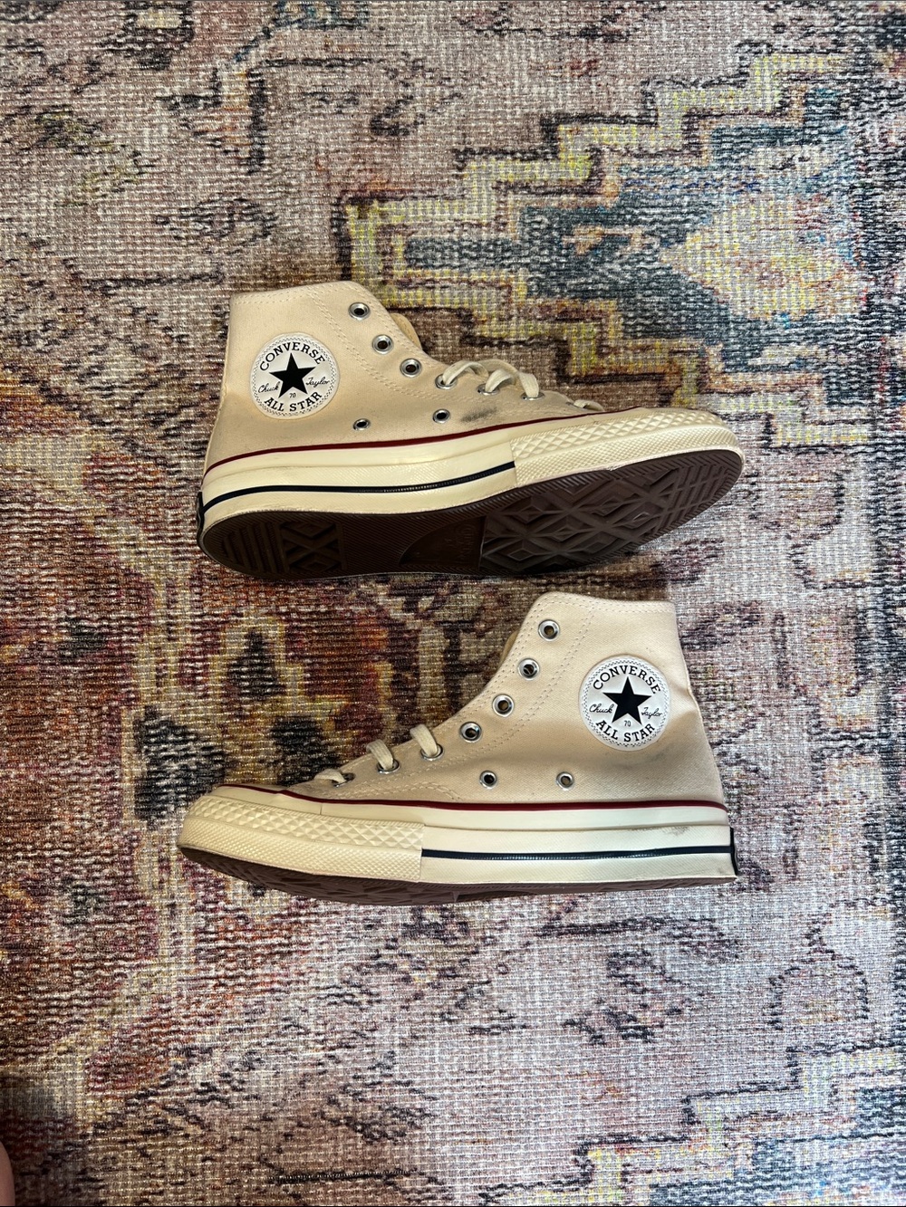 Converse High-Top Sneakers in Cream with Burgundy Stripe - Picture 2 of 8